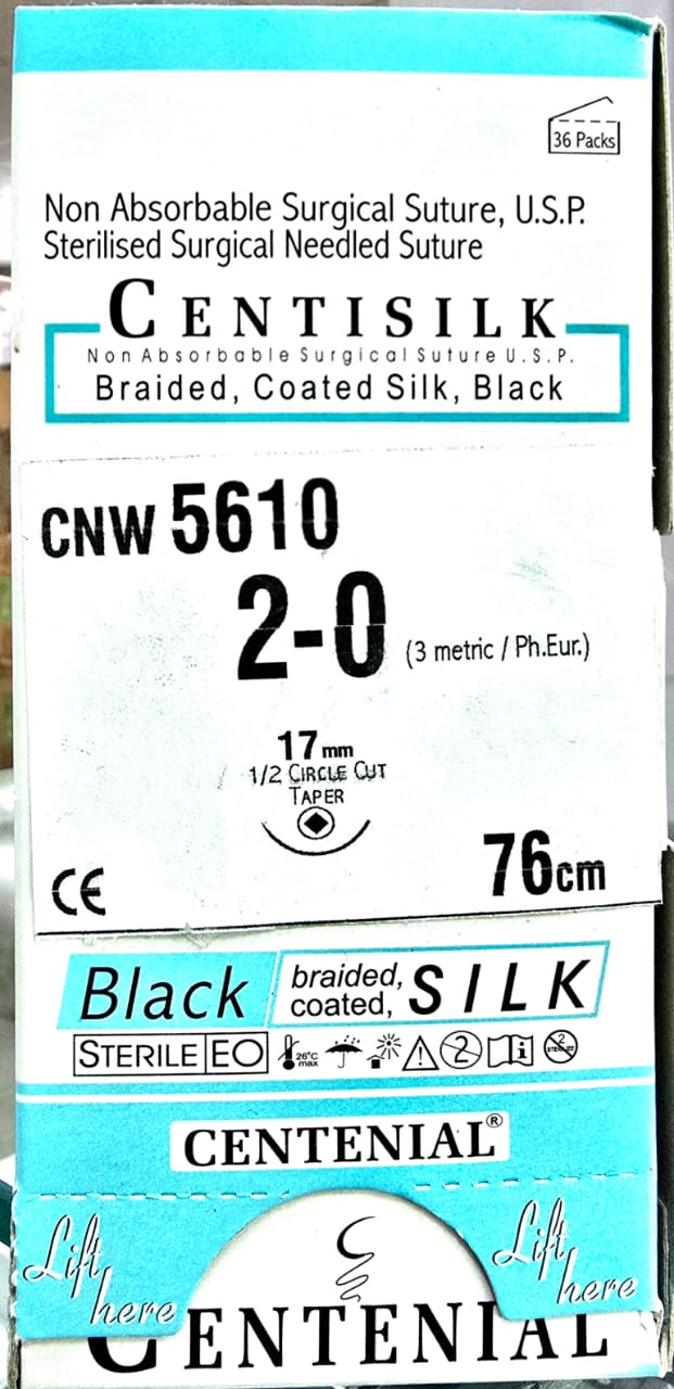 Centisilk CNW5610 Non-Absorbable Braided Silk Suture Centisilk No. 2-0 tapercut 17mm needle 76cm cnw5610