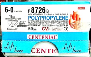 Centilene 6-0, 13mm, 3/8 Circle, taper point, Double Armed, Black, glare free needle, 60cm P8726B