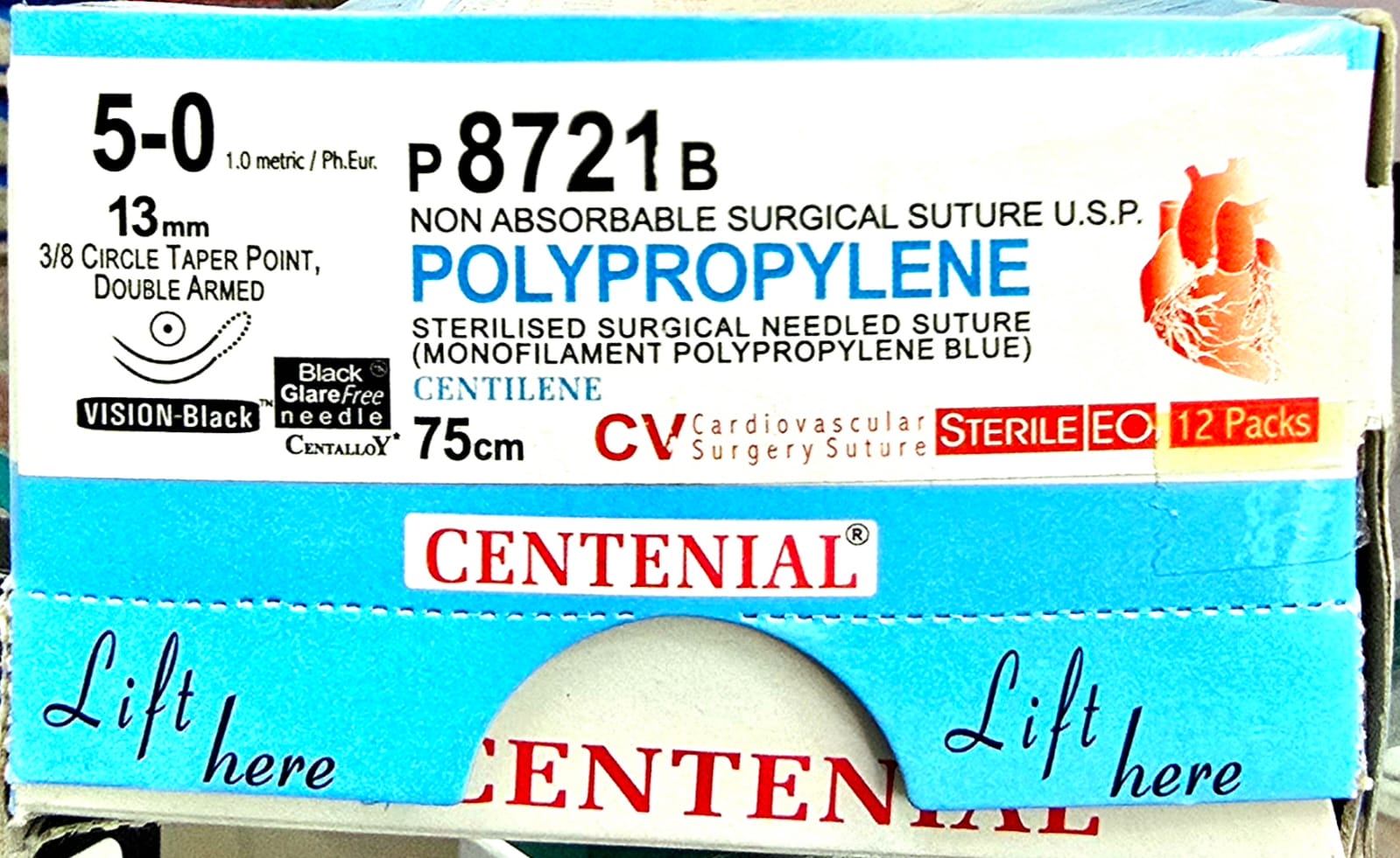 Centenial non-absorbable surgical sutures for wound closure - Copy Centilene 5-0 13mm taper point black glare free needle Double armed p8721B