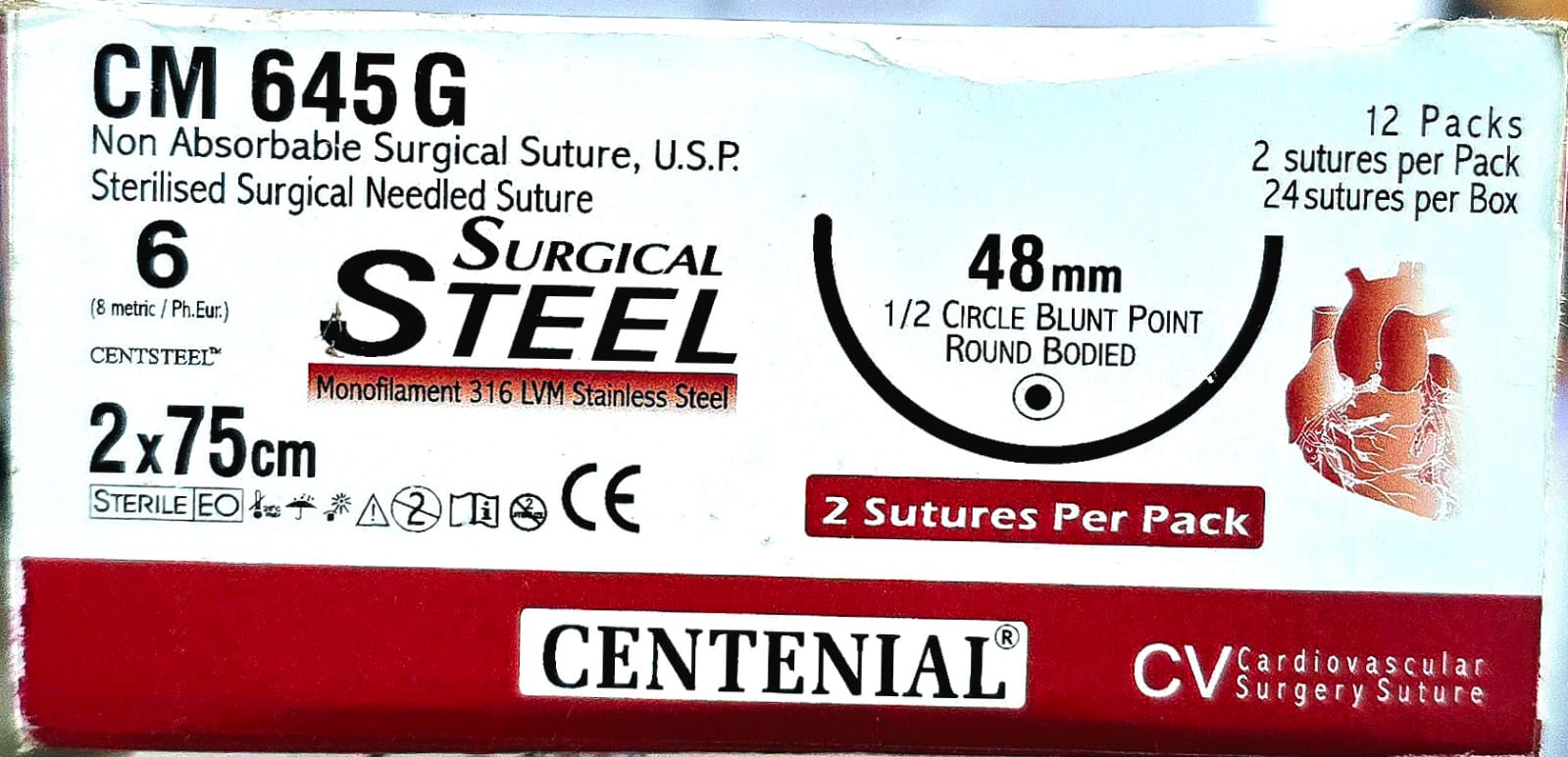 Centennial CV non-absorbable - Copy Centsteel No. 6, 48mm 1/2 Circle Blunt Point Round Bodied Needle, 2×75cm CM654G