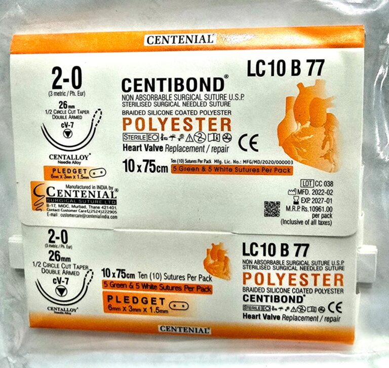 Centibond 2-0, 26mm 1/2 Circle Taper cut Double Armed Needle, Pledget 6mm×3mm×1.5mm , 10×75cm LC10B77