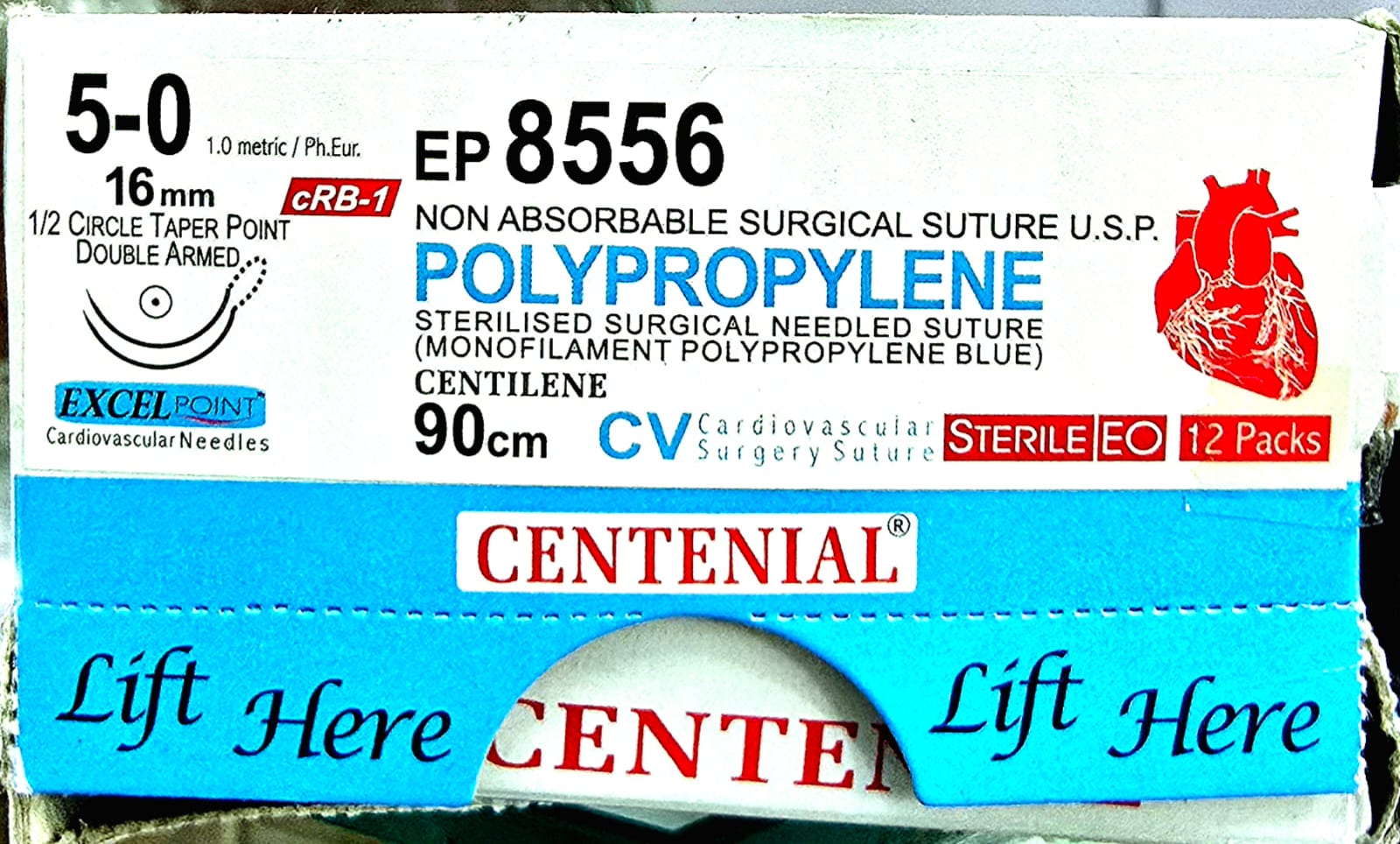 Centilene EP8556 Polypropylene Surgical Suture Non-Absorbable Centilene 5-0 16mm, 1/2 Circle, taper point, Double Armed Needle EP8556