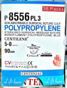 Centilene 5-0, 16mm 1/2 Circle Taper Point Double Armed Needle, Pledget 3×3×1.5mm, 90cm P8556PL3