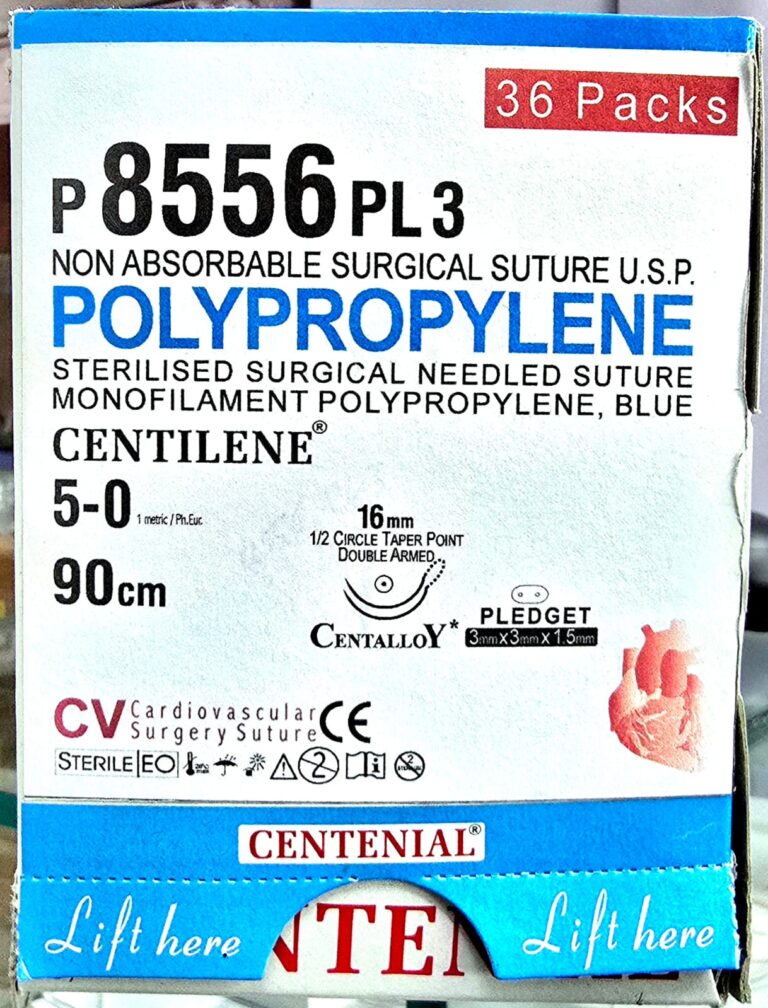 Centilene 5-0, 16mm 1/2 Circle Taper Point Double Armed Needle, Pledget 3×3×1.5mm, 90cm P8556PL3