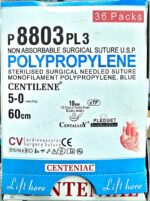 Centilene 5-0 10mm 1/2 Circle Taper Point Double Armed Needle, Pledget 3mm×3mm×0.5mm, 60cm P8803PL3