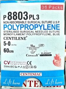 Centilene 5-0 10mm 1/2 Circle Taper Point Double Armed Needle, Pledget 3mm×3mm×0.5mm, 60cm P8803PL3