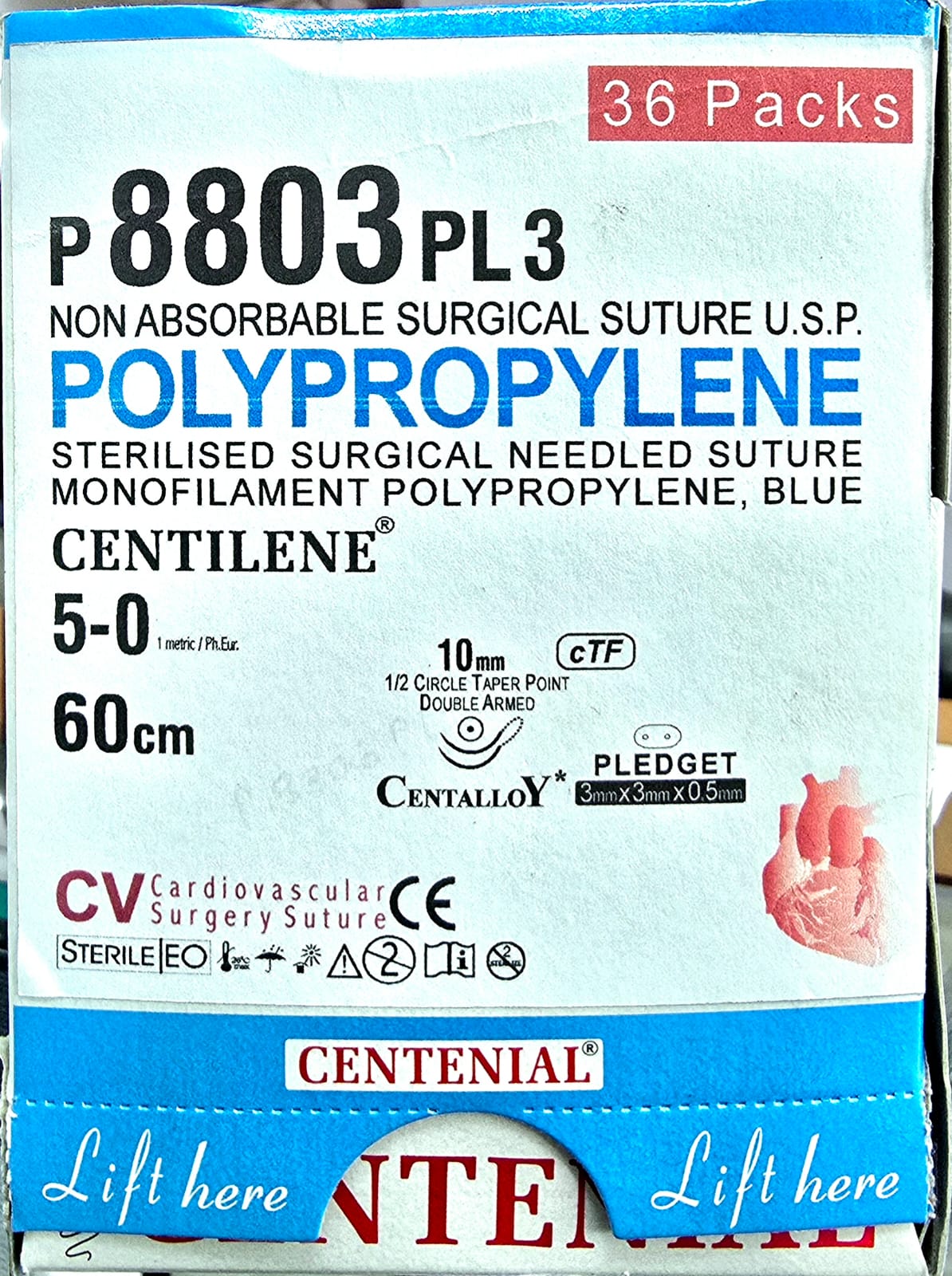 Centilene non-absorbable surgical sutures - Copy Centilene 5-0 10mm 1/2 Circle Taper Point Double Armed Needle, Pledget 3mm×3mm×0.5mm, 60cm P8803PL3