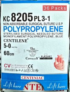Centilene 5-0, 13mm 1/2 Circle Taper Point Double armed needle, Pledget 3mm×3mm×0.5mm , 60cm KC8205PL3-1